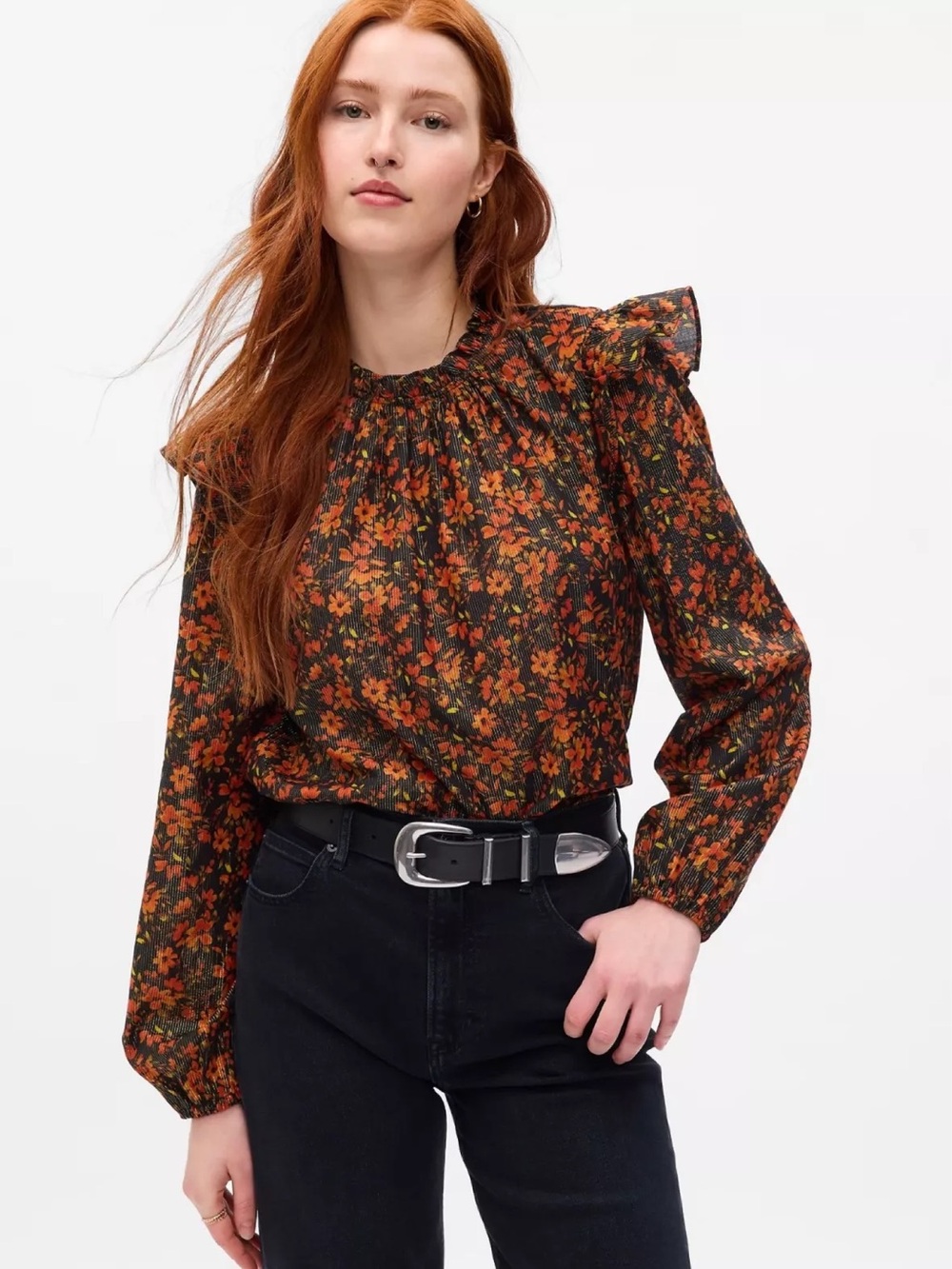 GAP NWT Long Sleeve Flutter sleeve metallic thread floral blouse Large